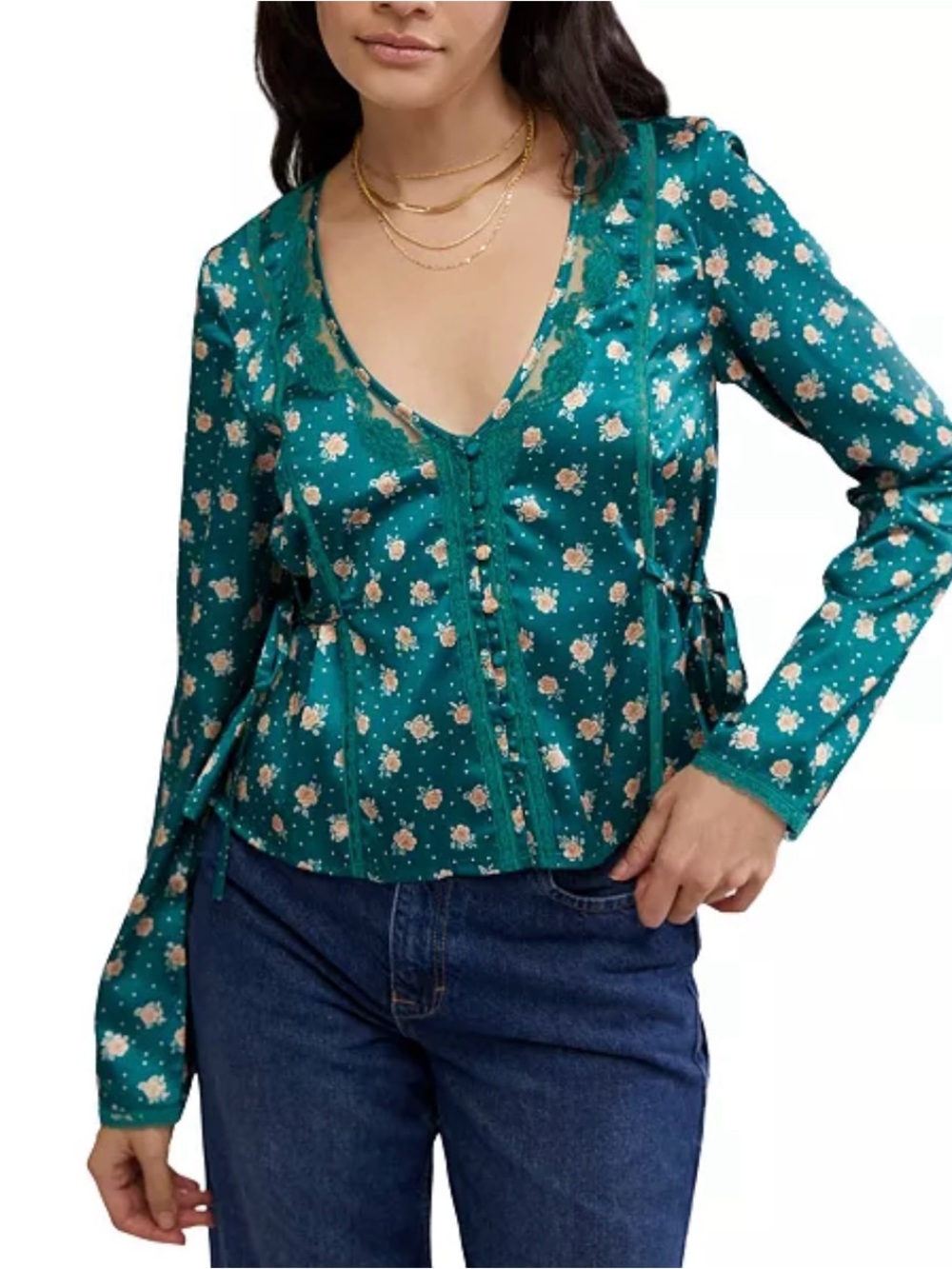 Free People Teal Floral V-Neck Button-Front Blouse